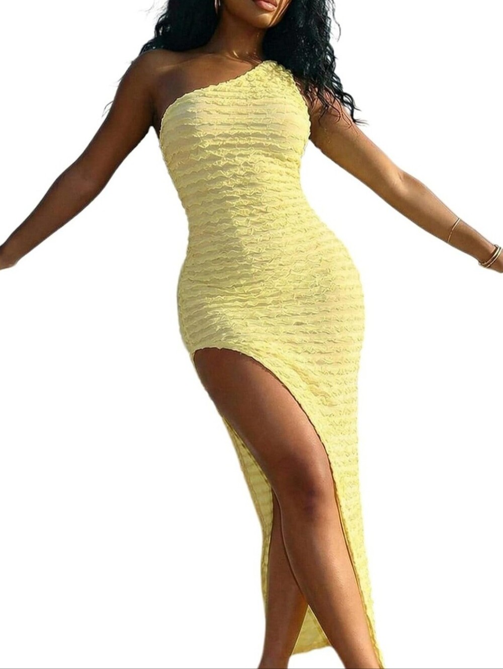 One-Shoulder Yellow Ruched High-Slit Dress - Picture 3 of 3